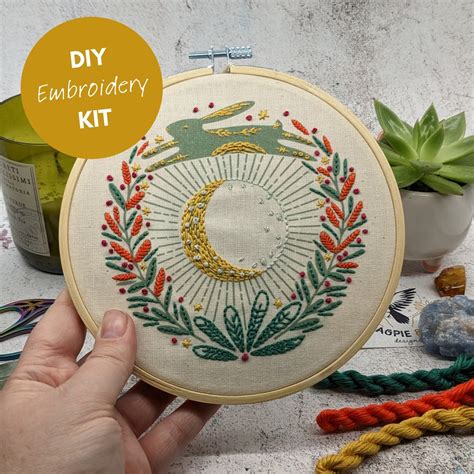 Diy Leaping Rabbit Embroidery Hoop Kit Green Print Celestial Design