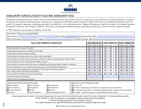 Ambulatory Surgical Facility Falls Risk Assessment Tool | Patient ...