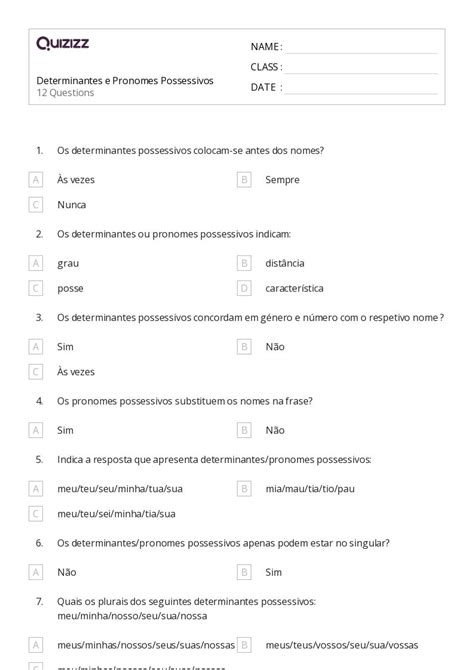 Mais De Planilhas Pronomes Possessivos No Quizizz Gratuito E