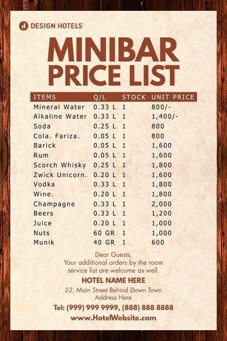 Hotel Minibar Price List Template Hotel Minibar Price List