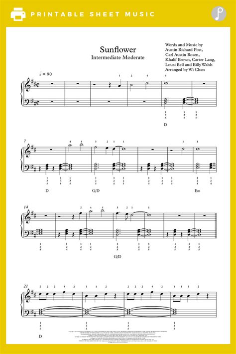 9+ Chords for Sunflower Post Malone Piano [Beginner Piano Sheet Music ...