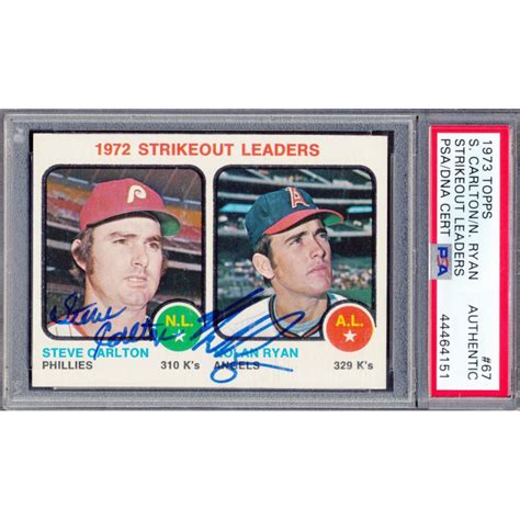 Nolan Ryan Steve Carlton Signed 1973 Topps 67 Strikeout Leaders PSA