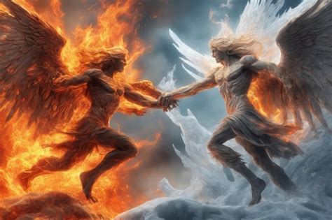 Premium Photo | Angels fighting demons in fiery land of ice and fire