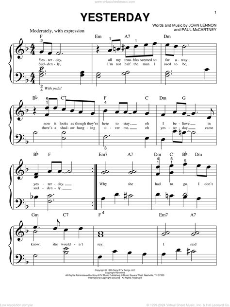 Yesterday sheet music for piano solo (big note book) (PDF)