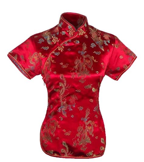 UK Chinese Red Dragon Phoenix Satin Short Sleeve Top Shirt Blouse