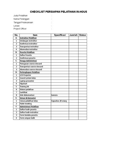 Contoh Form Checklist Perlengkapan Training