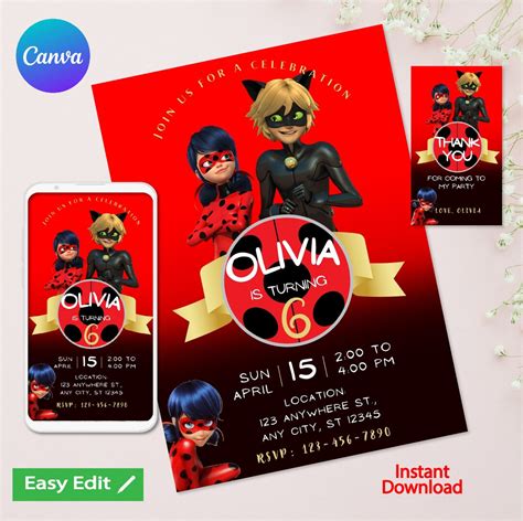 Editable Miraculous Ladybug Birthday Invitation Free Miraculous Ladybug