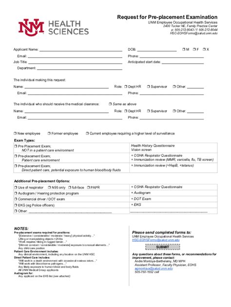 Fillable Online Hsc Unm Request For Pre Placement Examination Fax Email