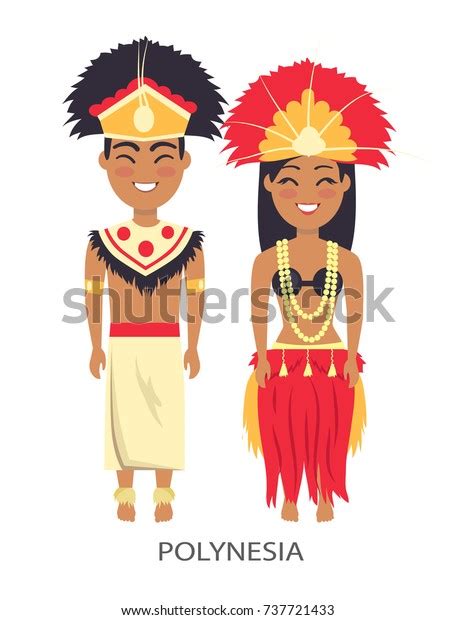 Polynesian Couple Wearing Traditional Clothes Feathers Stock Vector