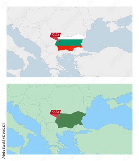 Bulgaria map with pin of country capital. Two types of Bulgaria map with neighboring countries ...