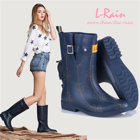 New L Rain Women Mid Calf Rain Boots Girl Rubber Boots Female Rainboots Waterproof Gumboots