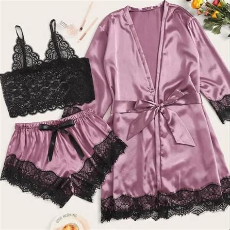 COORDONNES ENSEMBLE LINGERIE 3PC Femmes Dentelle Satin Soutien Gorge