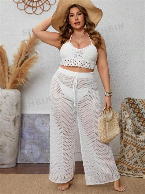 Shein Swim Bohofeel Plus Size Womens Crochet Cover Up Pants With