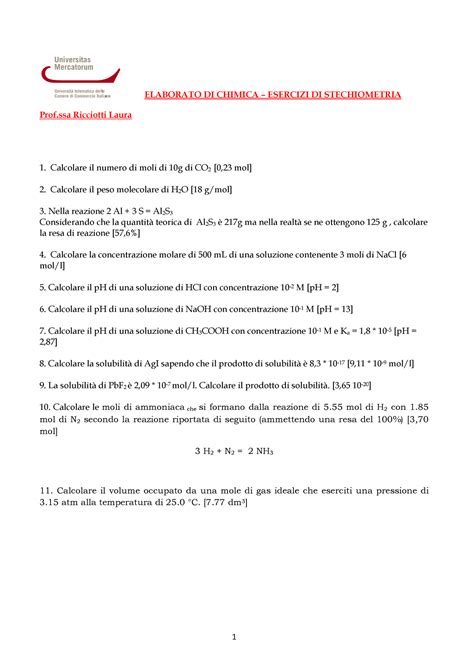 Elaborato Chimica 1 ELABORATO DI CHIMICA ESERCIZI DI STECHIOMETRIA