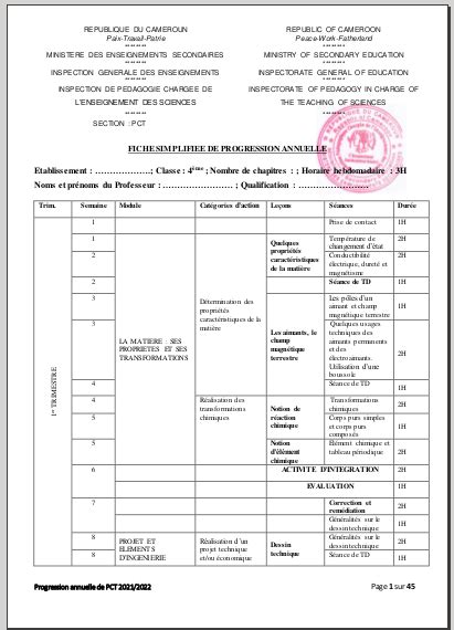 FICHE SIMPLIFIÉE DE PROGRESSION ANNUELLE DES COURS DE PCT DE LA 6ème EN