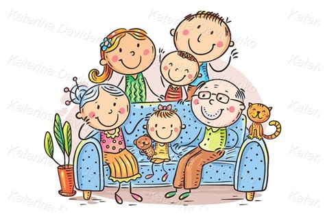 Cartoon drawing doodle family portrait, vector illustration