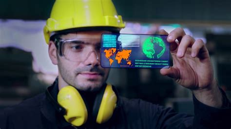 Premium Photo Factory Worker Using Futuristic Holographic Screen Device