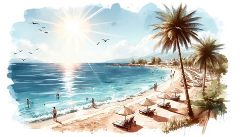 Ilustração De Praia Tropical Com Sol De Palmeira E Oceano Png