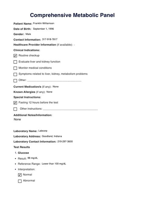 Comprehensive Metabolic Panel Test And Example Free Pdf Download