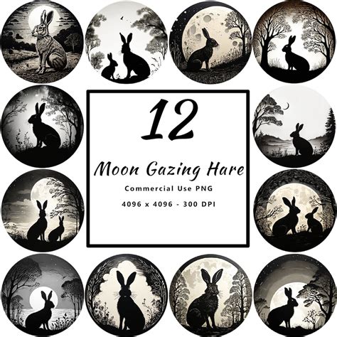 Linocut Style Moon Gazing Hare Clipart Linocut Print Art Print