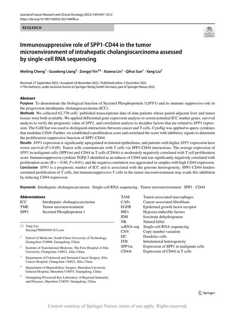 Immunosuppressive Role Of SPP1 CD44 In The Tumor Microenvironment Of