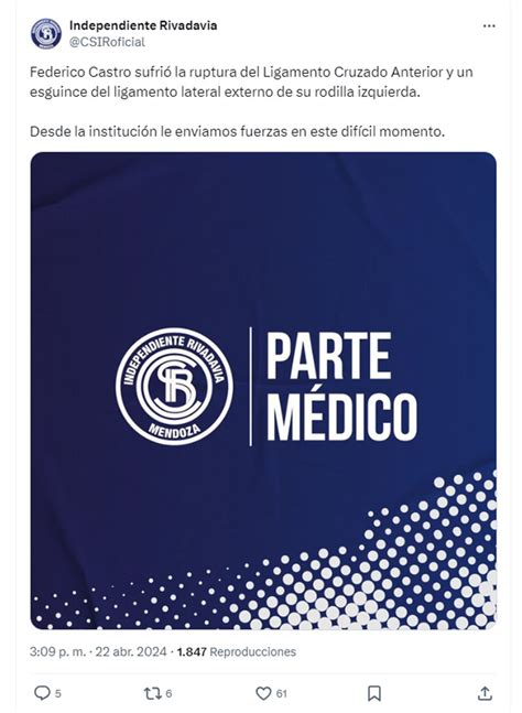 El jugador de Independiente Rivadavia que sufrió una grave lesión y