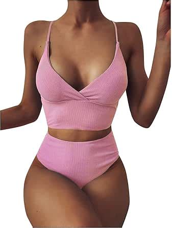 Amazon Women Solid Push Up High Cut High Waisted Halter Bikini Set