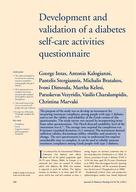 Pdf Development And Validation Of A Diabetes Self Care Activities Questionnaire Pantelis