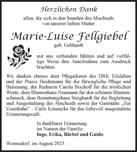 Traueranzeigen Von Marie Luise Fellgiebel Abschied Nehmen De