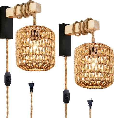 Capslad Plug In Wall Sconces Set Of Two Dimmable Boho Rattan Wall Lamp