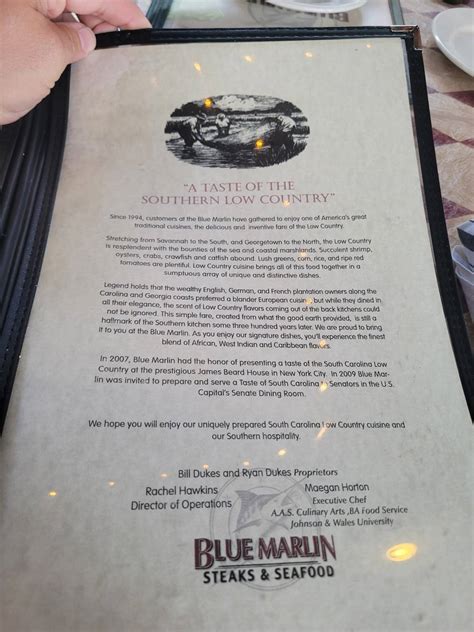 Menu at Blue Marlin steakhouse, Columbia, Lincoln St