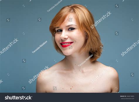 Woman Portrait Naked Studio Gray Background Stock Photo