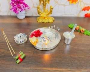 GOLDGIFTIDEAS 6 Inch Silver Plated Balaprada Pooja Thali With Tulsi