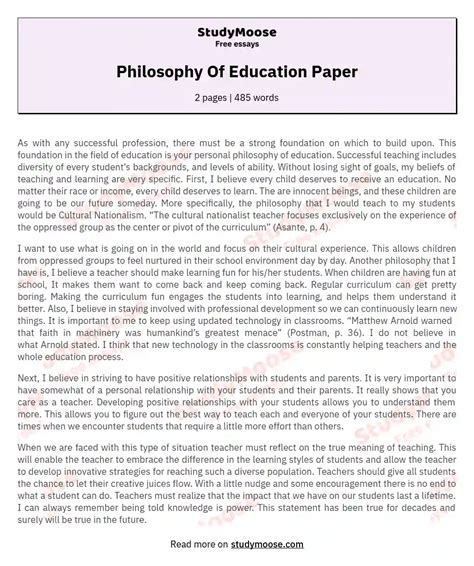 Philosophy Of Education Paper Free Essay Example