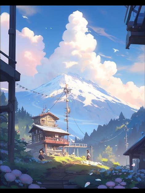 Premium Ai Image Anime Scenery Of A Mountain With A House And A