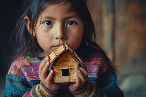 Free Photo Kid Holding Wooden Miniature Toy House