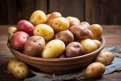 Premium Photo A Wooden Bowl Filled With Different Varieties Of Potatoes