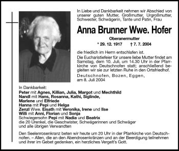 Traueranzeigen Von Anna Brunner Trauer Bz