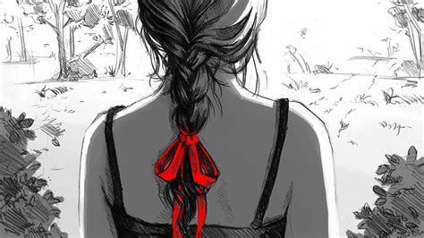 Back Women Red Ribbon Selective Coloring Artwork Hd Wallpaper Rare Gallery