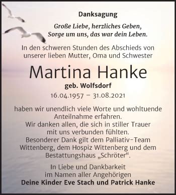 Traueranzeigen Von Martina Hanke Abschied Nehmen De