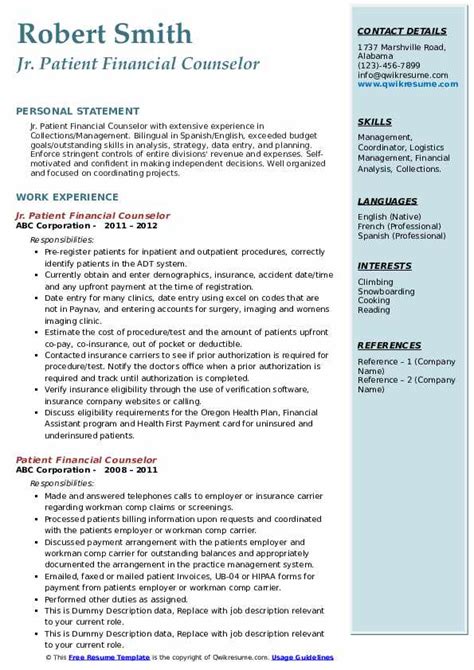 Patient Financial Counselor Resume Samples Qwikresume