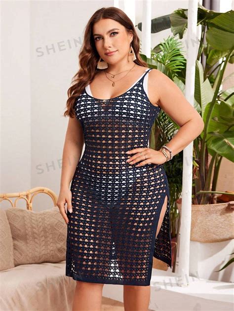 Shein Bohofeels Plus Size Womens Solid Color Hollow Out Side Slit See