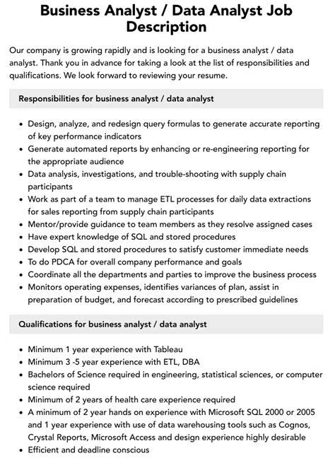 Business Analyst Data Analyst Job Description Velvet Jobs