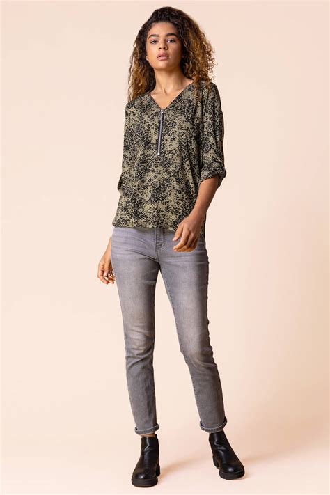 Ditsy Floral Print Zip Top In Khaki Roman Originals Uk