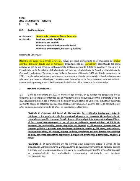 Modelo centros de Salud Tutela vs Decreto 1408 Señor JUEZ DEL