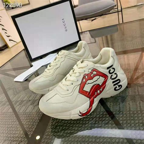 Gucci Unisex Rhyton Sneaker With Mouth Print Beige LULUX