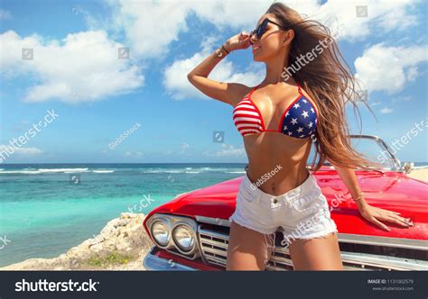 Sexy Woman American Patriotic Bikini Near Stock Photo 1131002579