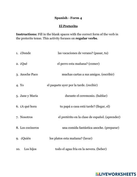 Preterito Regular Verb Conjugations Worksheet Live Worksheets