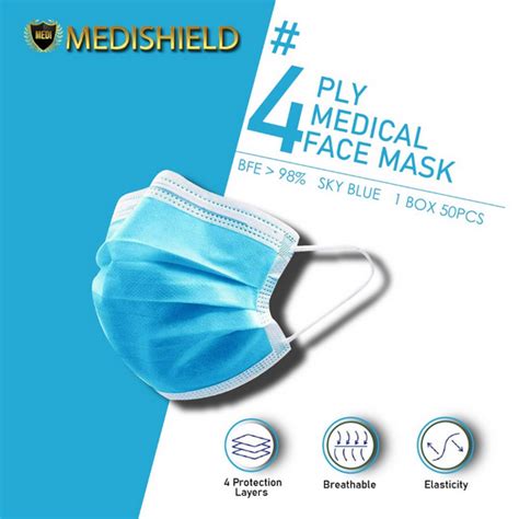 Medishield Medicgold Safety Plus 50 Pcs Box Blue Mask 4 Ply Medical