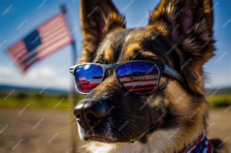 Premium Photo A German Shepherd Wearing Sunglasses And A Flag Usa Is